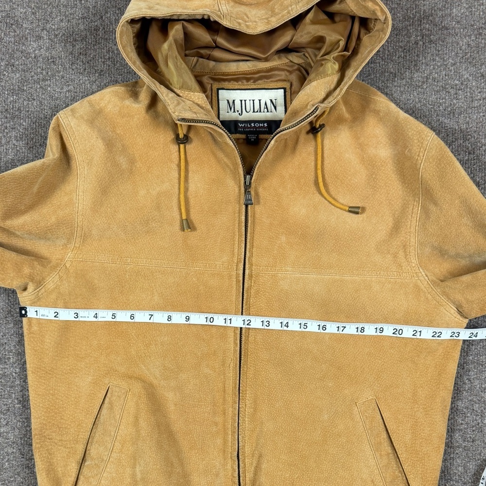M. Julian Wilsons Tan Suede Leather Bomber Jacket Women’s Medium Hooded Full Zip - Picture 14 of 14